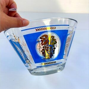 Hazel Atlas Blue Glass Bowl Gold Grapes Wheat Vintage
